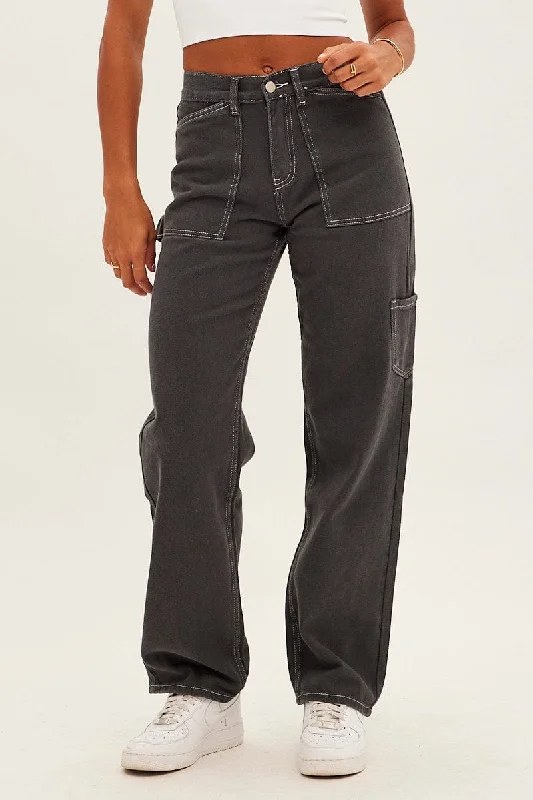 Grey Cargo Jeans Mid Rise Comfortable Faded High-Rise Jeans