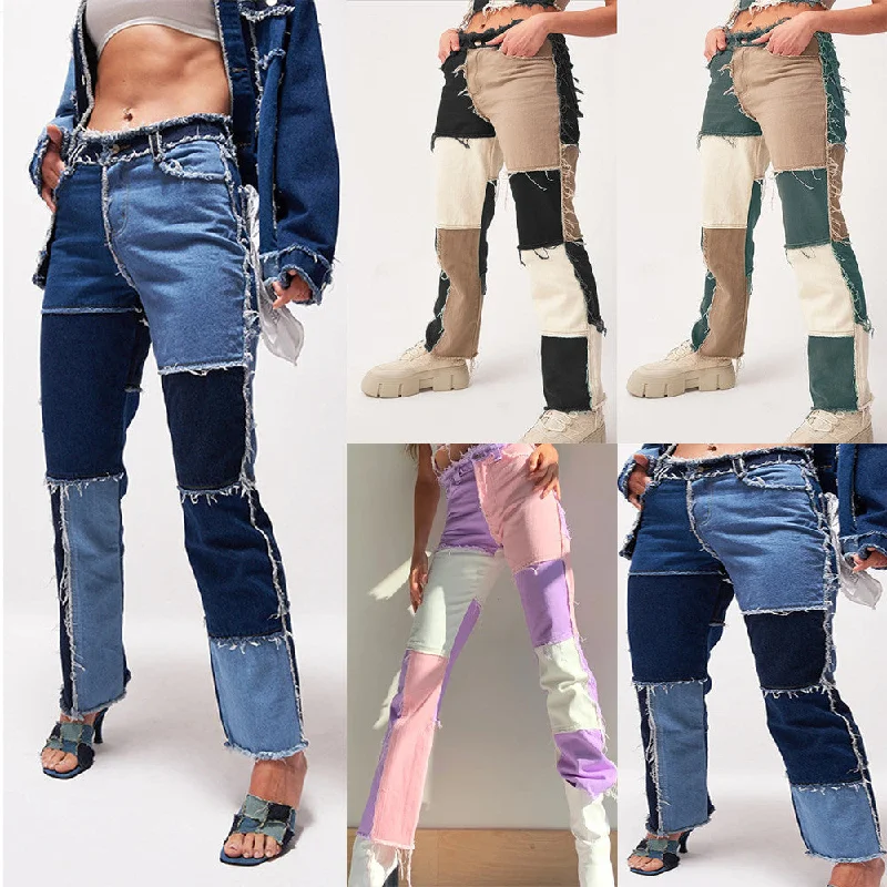 High Elastic Stitching Raw Edge Women's Straight-leg Jeans Trendy Patchwork Denim Jeans