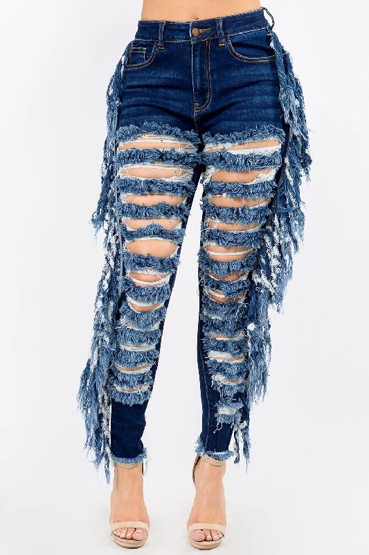 High Waist Cut Out Fringe Jeans Cozy Tencel Blend Denim Jeans