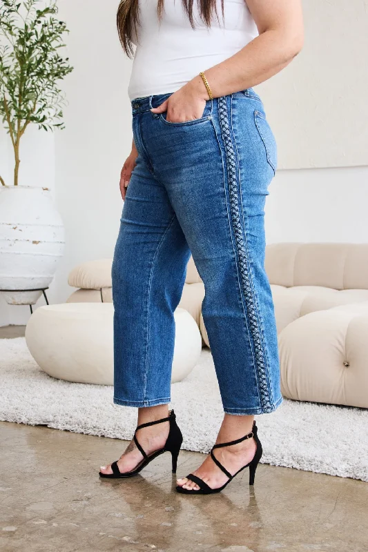 Judy Blue Full Size Braid Side Detail Wide Leg Jeans Trendy Paperbag Waist Jeans