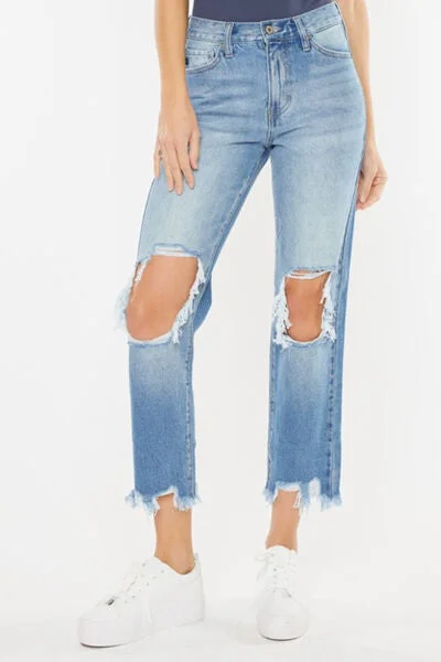 High Waist Chewed Up Straight Mom Jeans in Medium Blue Denim Trendy Acid Wash Skinny Jeans