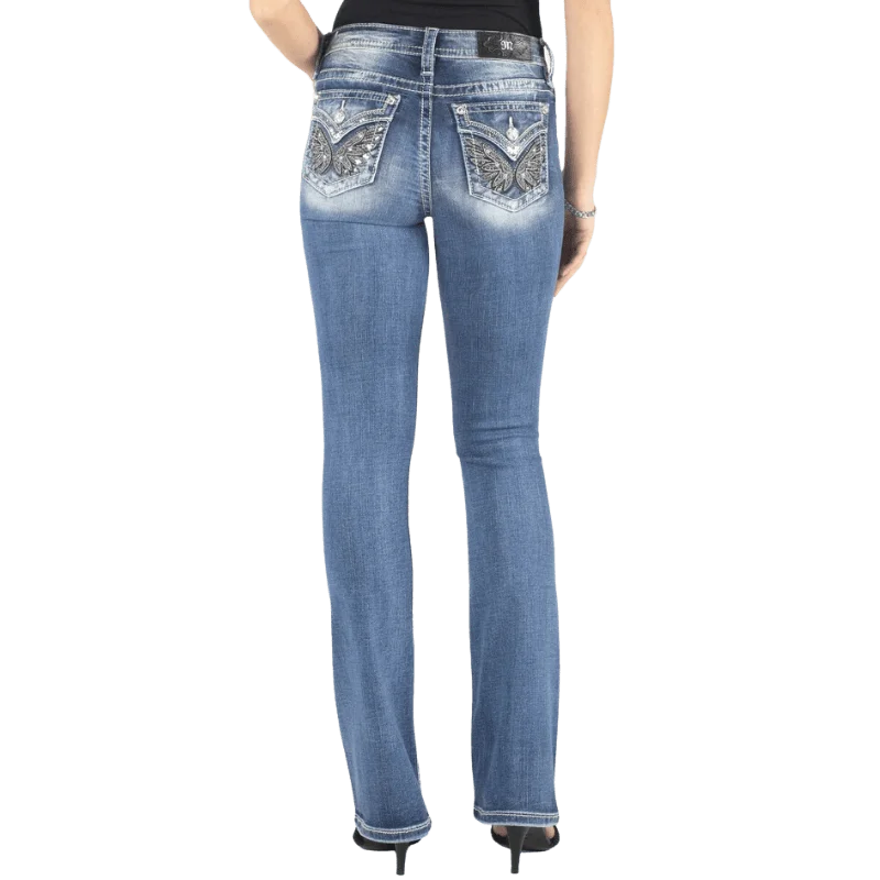 Miss Me Women's Angel Wings Mid Rise Bootcut Jeans M3080B52 Chic Dark-Wash Skinny Jeans