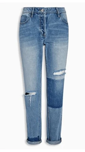 Next Boyfriend Mid Blue Relaxed Patched Womens Jeans Trendy Flared Leg Jeans