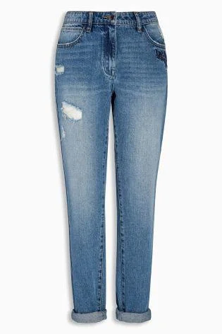 Next Embroidered Boyfriend Blue Jeans Fashionable Button-Front Jeans