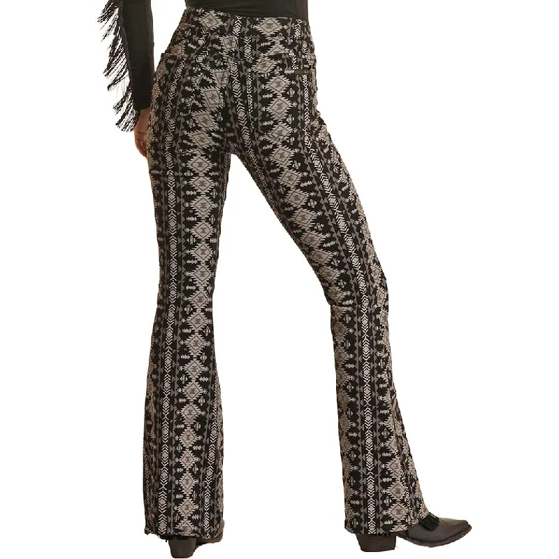 Rock & Roll Denim Women's Aztec Print Flare Leg Jeans Trendy Colored Denim Jeans