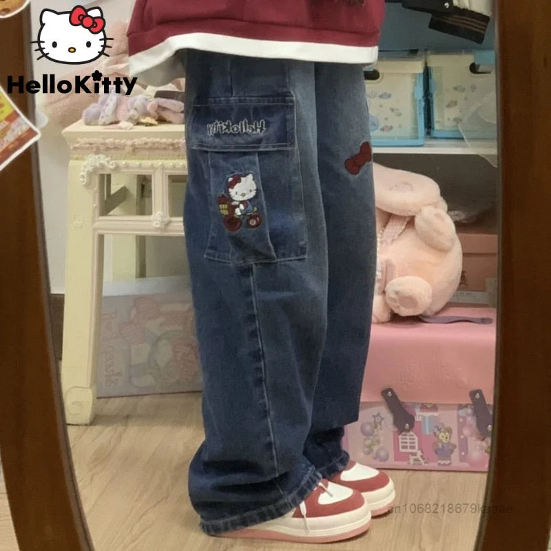 Sanrio Hello Kitty Y2k Denim Clothes Women Jeans Fashion Wide Leg Pants Streetwear Vintage Trousers Female Anime Straight Jeans Stylish High-Waist Skinny Denim