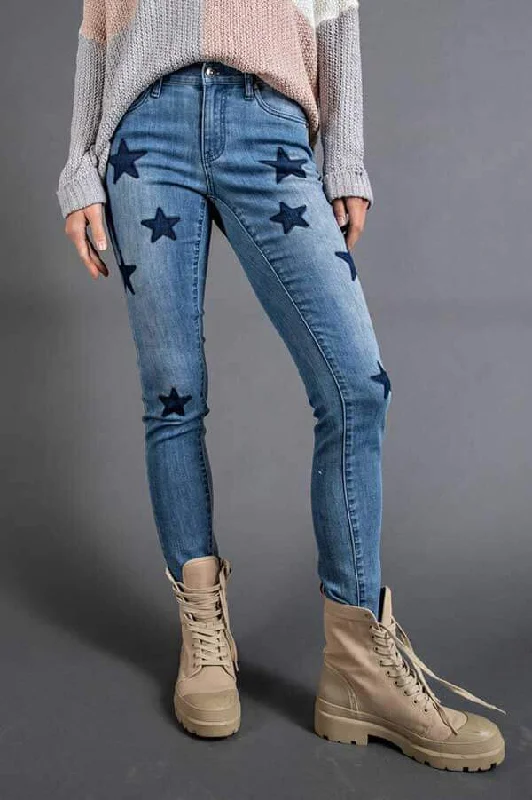 Star Print Slim Mid-Rise Jeans Elegant Wide-Leg Jeans