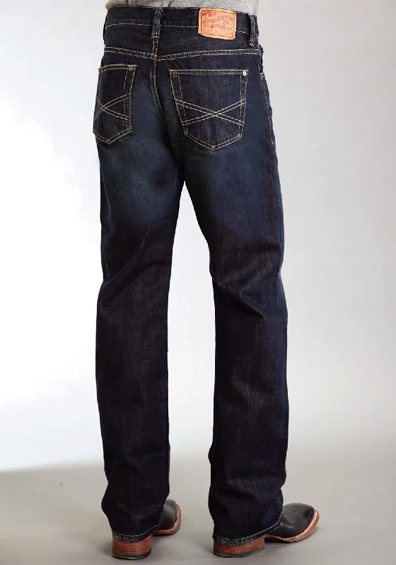 Stetson Mens Blue 100% Cotton Dark Rinse Jeans Trendy Wide-Legged High-Waist Jeans