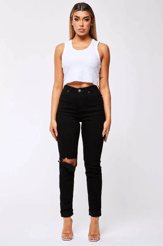 STRAIGHT LEG JEANS - BLACK DESTROYED KNEE Stylish High-Waist Jeans