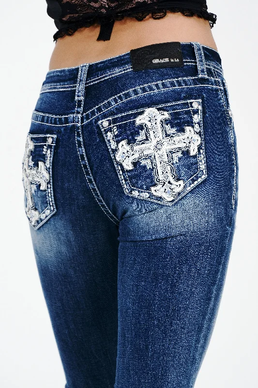 Cross Embroidery Mid Rise  Bootcut Jeans Fashionable Straight Fit Denim