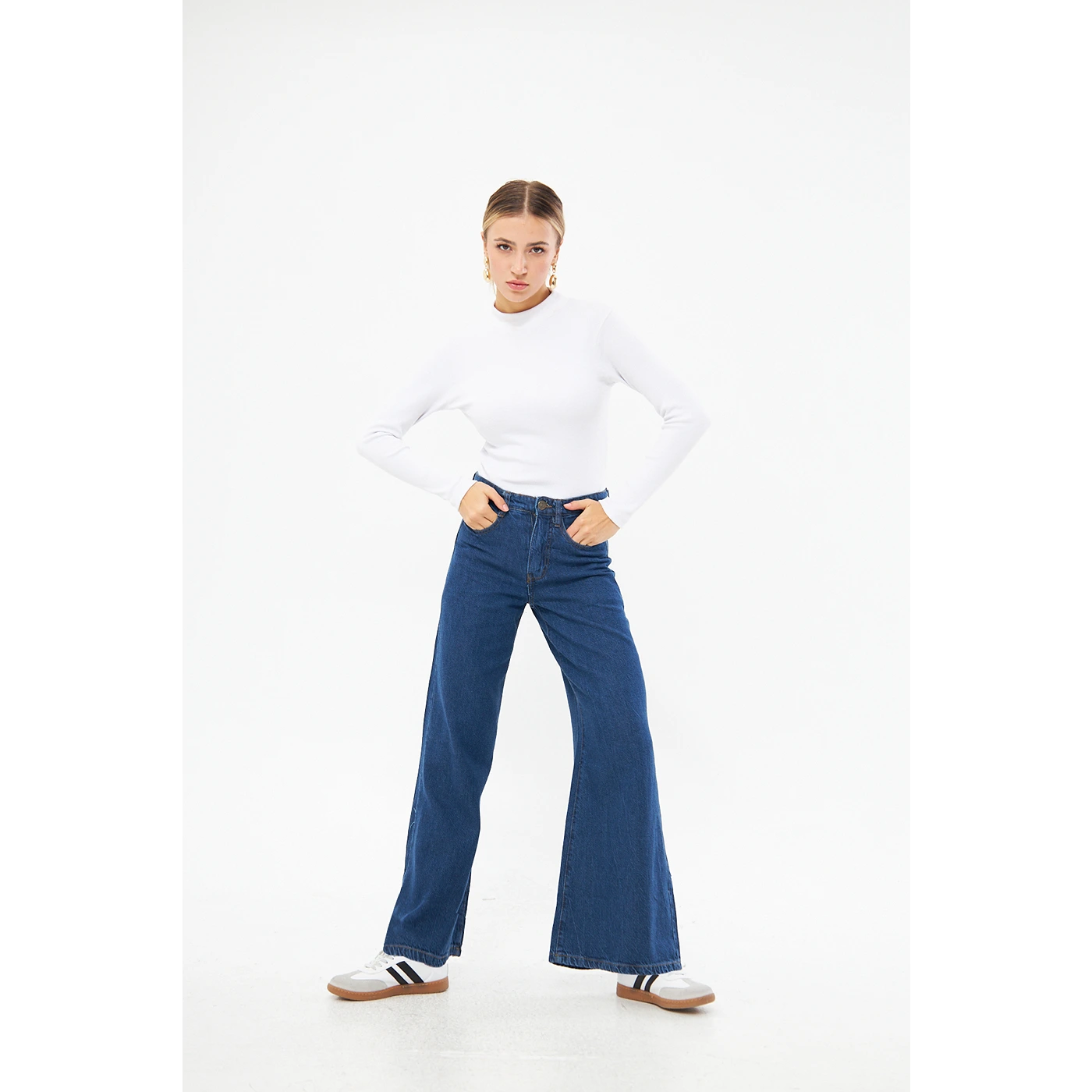 Mid Blue Puddle Wide Leg Jeans Chic Faded Blue Jeans