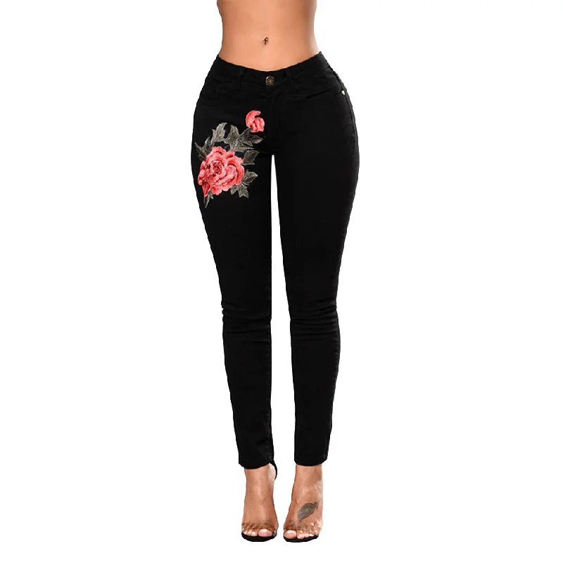 Women Flower Embroidered Jeans High Waist Butt Lift Hip Fashion Skinny (Black) Fashionable Slouchy Fit Jeans