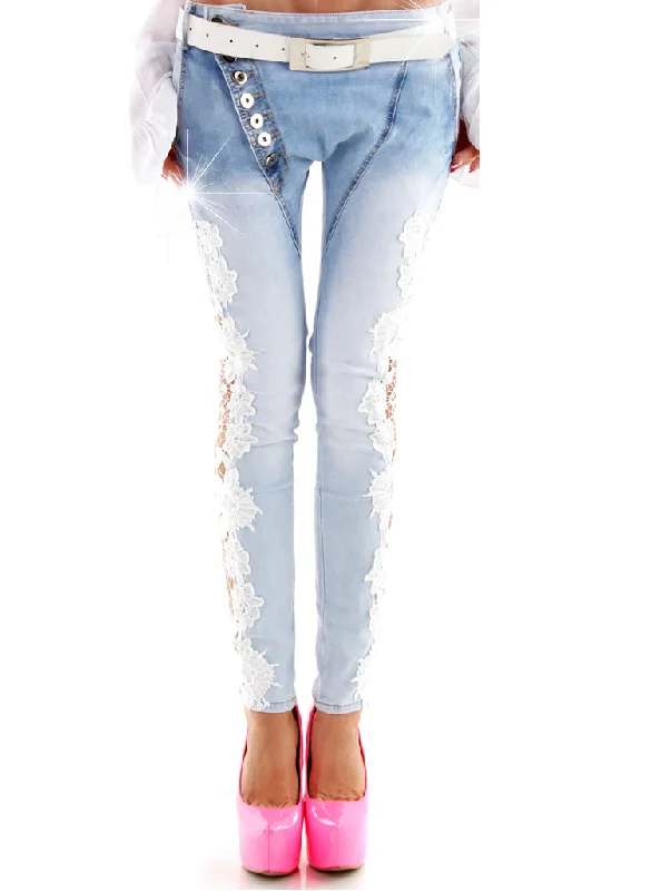 Women's Blue Jeans Boyfriend relaxed fit with crochet Lace sides. Stylish Cargo Style Jeans