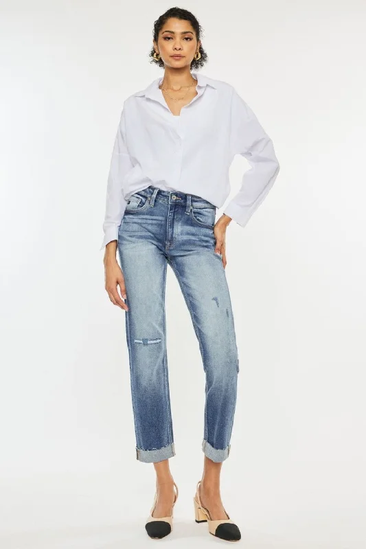 Kancan High Rise Cuffed Straight Jeans Chic Rolled Cuff Denim Jeans